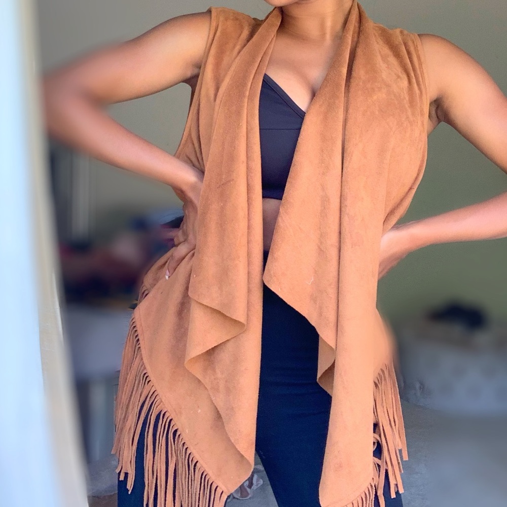 Faux Suede Fringe Waterfall Vest